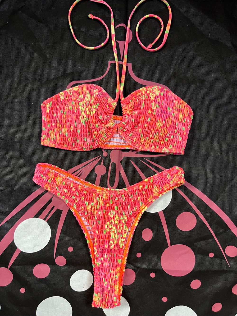 Women's Pink Smocked Bikini Set - Strapless Top & High-Cut Bottom